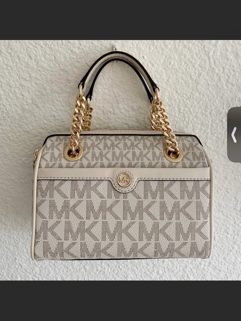 Michael Kors Cream and Beige Logo Satchel with Gold Chain Handles
